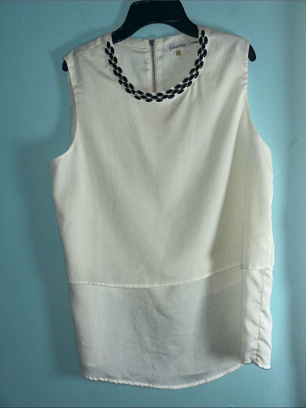 Calvin Klein Cream Sleeveless Top with Black Beaded Neckline
